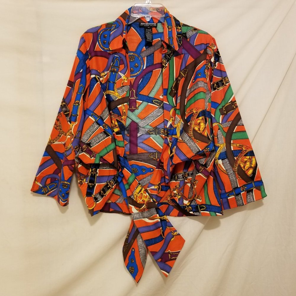 Vintage Mishca Long Sleeve Colorful Tie Front Wrap Blouse  Medium